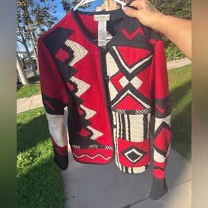 Incredible Vintage Red and Black Wool Pattern Sweater w/Unique Buttons